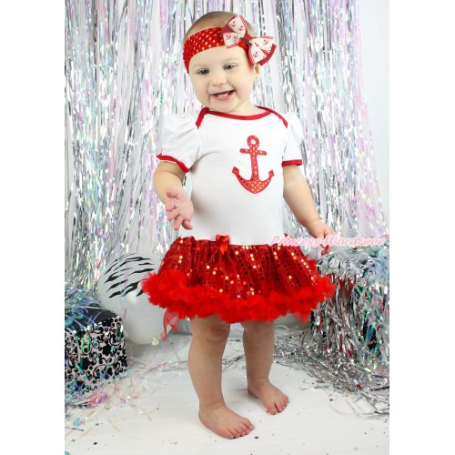 White Baby Bodysuit Sparkle Red Sequins Pettiskirt & Sparkle Red Anchor & Red Headband Anchor Silk Bow JS4163